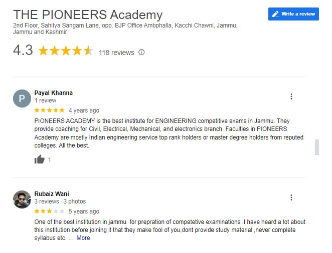 The Pioneers Academy IAS coaching in Jammu Google reviews